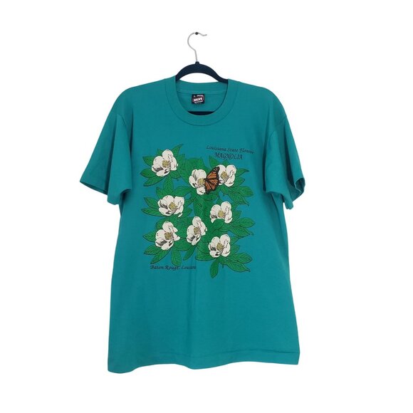 Vintage 90s Louisiana State Flower Magnolia Graphic Tee Size L Single Stitch - Picture 1 of 9